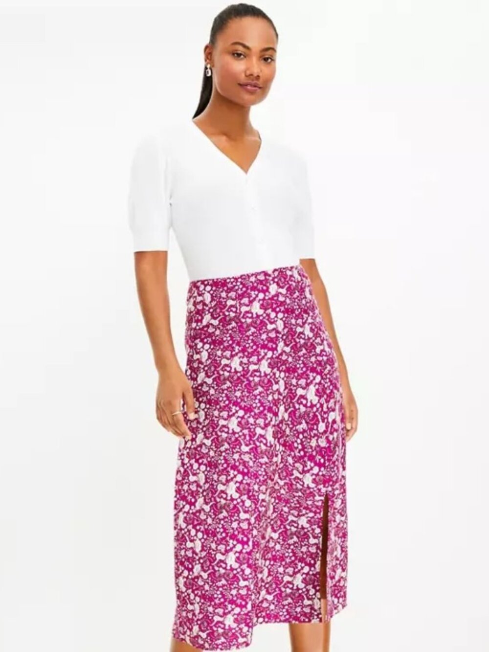 Loft Fuschia Floral Side Slit Midi Skirt NWT